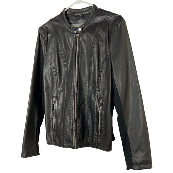 Kenneth Cole Reaction Black Faux Leather Moto Jacket Women’s Large L Slim Fit - Picture 5 of 13